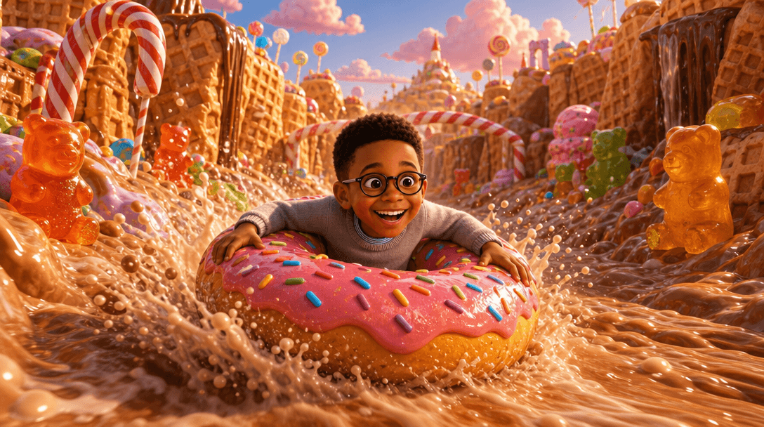 Noah sliding down an ice river on a giant donut in a candy world